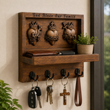 Hand-Carved Sacred Hearts Wooden Key Holder – God Bless Our Family Wall Organizer