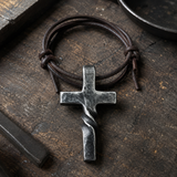 Hand Forged Steel Cross Pendant with Leather Cord – Rustic Christian Necklace for Men
