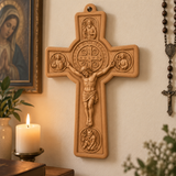 Hand-Carved Beechwood Saint Benedict Protection Crucifix – Christian Wall Cross