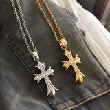 Full Inlaid CZ Gothic Fleur-de-lis Cross Stainless Steel Necklace