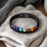 21cm Double Braided Leather 7 Chakra Natural Healing Stone Bracelet
