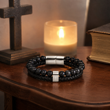 Dual Layer Braided Leather Cross Stainless Steel Men's Bracelet