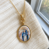 3D Enamel Our Lady of Grace Oval Necklace, Double Sided Tree of Life Stainless Steel Pendant
