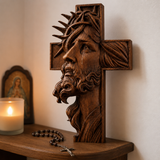 Handcrafted Beechwood Cross: Jesus with the Crown of Thorns for Christian home decor and prayer spaces
