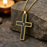 Two-Tone Bevel Edge Carbon Fiber Textured Inlaid Tiny Cross Stainless Steel Necklace