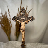 Wood carving of the Cross of the Order of Saint Benedict - with base - side view