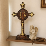 Hand-Carved Beechwood Saint Benedict Crucifix – Double-Sided Christian Standing Cross