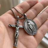 Jesus Cross and Virgin Mary Combination Necklace Pendant - product view