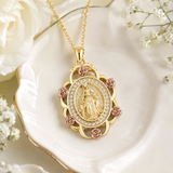 Two‑Tone Rose Virgin Mary Necklace, Vintage Zircon Religious Pendant for Women