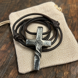 Hand Forged Steel Cross Pendant with Leather Cord – Rustic Christian Necklace for Men