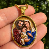 3D Raised Enamel Holy Family Oval Gold Stainless Steel Necklace