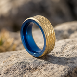 Two-Tone Hammered Titanium Steel Ring, Gold Exterior & Blue Inner Band, 8mm Wide Comfort Fit Wedding Band, Unique Promise Ring for Men