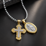 Two Charms Necklace, Iced Cross & Miraculous Medal Pendant, 316L Stainless Steel Religious Ball Chain Jewelry