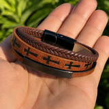 Multi‑Layer Braided Cross Printed Men Leather Bracelet, Vintage PU Leather Magnetic Clasp Religious Wrist Jewelry