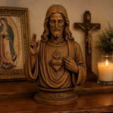 Hand-Carved Cypress Wood Sacred Heart of Jesus Statue – Christian Prayer & Home Devotional Decor