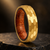 Hammered Titanium Steel Ring with Natural Wood Inner Liner, 6mm Vintage Domed Band, Rustic Wooden Inlay Wedding Promise Ring for Men & Women