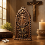 Hand-Carved Beechwood St. Benedict Medal Desktop Ornament