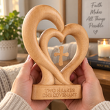 Handcrafted Beechwood Two Hearts One Covenant Cross Sculpture – Christian Wedding & Anniversary Gift