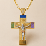 Multicolor Zircon Jesus Crucifix Gold‑Tone Stainless Steel Necklace