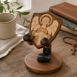 Black Walnut “Archangel Michael” Adjustable Phone Stand—A Faith-Inspired Wooden Desktop Stand