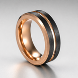 Two-Tone Brushed Titanium Steel Ring, Rose Gold & Black Grooved Wedding Band, 8mm Comfort Fit Mens Promise Ring