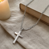 Minimal Polished Stainless Steel Cross Necklace, Classic Plain Cross Pendant with Cuban Chain, Religious - craftsmanship detail