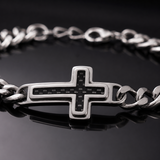 Men’s Carbon Fiber Inlay Cross Curb Chain Bracelet, 316L Stainless Steel Adjustable Religious Faith Bracelet, Silver & Gold Tone Christian Gift for Him