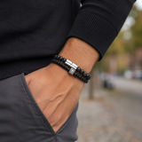 Dual Layer Braided Leather Cross Stainless Steel Men's Bracelet