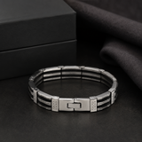Men's Black‑Silver Striped Titanium Steel Bracelet, Geometric Textured Link Wristband, Rugged Business Men Jewelry