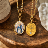 3D Enamel Our Lady of Grace Oval Necklace, Double Sided Tree of Life Stainless Steel Pendant