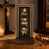 Holy Family Three Sacred Hearts Candlestick Wooden Carved Tabletop Arrangement