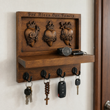 Hand-Carved Sacred Hearts Wooden Key Holder – God Bless Our Family Wall Organizer