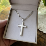 Minimal Polished Stainless Steel Cross Necklace, Classic Plain Cross Pendant with Cuban Chain, Religious - product view