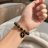 Black & Gold Cross Beaded Stretch Bracelet – A Daily Reminder of Faith, Hope & Devotion - Christian gift presentation