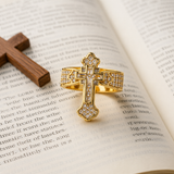 Christian Cross Statement Ring with 5A+ Cubic Zirconia – Silver & 14K Gold Plated