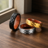 Hammered Titanium Steel Ring with Natural Wood Inner Liner, 6mm Vintage Domed Band, Rustic Wooden Inlay Wedding Promise Ring for Men & Women