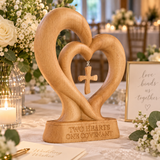 Handcrafted Beechwood Two Hearts One Covenant Cross Sculpture – Christian Wedding & Anniversary Gift