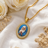 Iced Oval Praying Virgin Mary Portrait Pendant Necklace, 316L Stainless Steel Gold Plated Our Lady Medal Necklace With Rope Chain Religious Jewelry