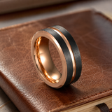 Two-Tone Brushed Titanium Steel Ring, Rose Gold & Black Grooved Wedding Band, 8mm Comfort Fit Mens Promise Ring