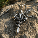 S925 Silver Serpent Cross Pendant Necklace with Green Gemstone
