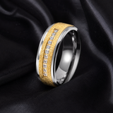 8mm Spinning Titanium Steel Men's Ring, Sand Blast Two-Tone Inlaid Cubic Zirconia Band, Stress Relief Rotatable Wedding Promise Ring for Men