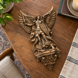 St. Michael the Archangel Battery-Powered Wall Lamp — Antique Bronze Resin Christian Home Decor
