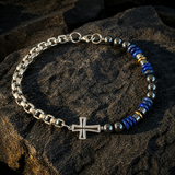 Cross Bracelet with Lapis Lazuli & Hematite — For Faith, Wisdom, and Steady Strength - design detail