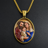 3D Raised Enamel Holy Family Oval Gold Stainless Steel Necklace