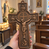 Hand-Carved Beechwood Saint Benedict Protection Crucifix – Christian Wall Cross