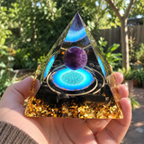 Amethyst & Obsidian Orgonite Pyramid – Sacred Geometry Crystal Decor