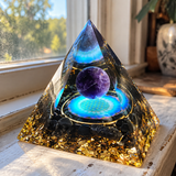 Amethyst & Obsidian Orgonite Pyramid – Sacred Geometry Crystal Decor