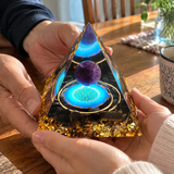 Amethyst & Obsidian Orgonite Pyramid – Sacred Geometry Crystal Decor