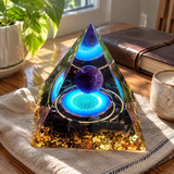 Amethyst & Obsidian Orgonite Pyramid – Sacred Geometry Crystal Decor