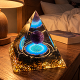 Amethyst & Obsidian Orgonite Pyramid – Sacred Geometry Crystal Decor